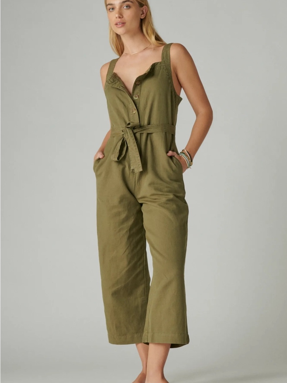 Lucky Brand Olive Utility button front Tie-Waist Jumpsuit